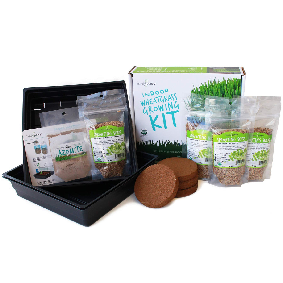 Handy Pantry organic wheatgrass starter kit packaging ready for home growing.