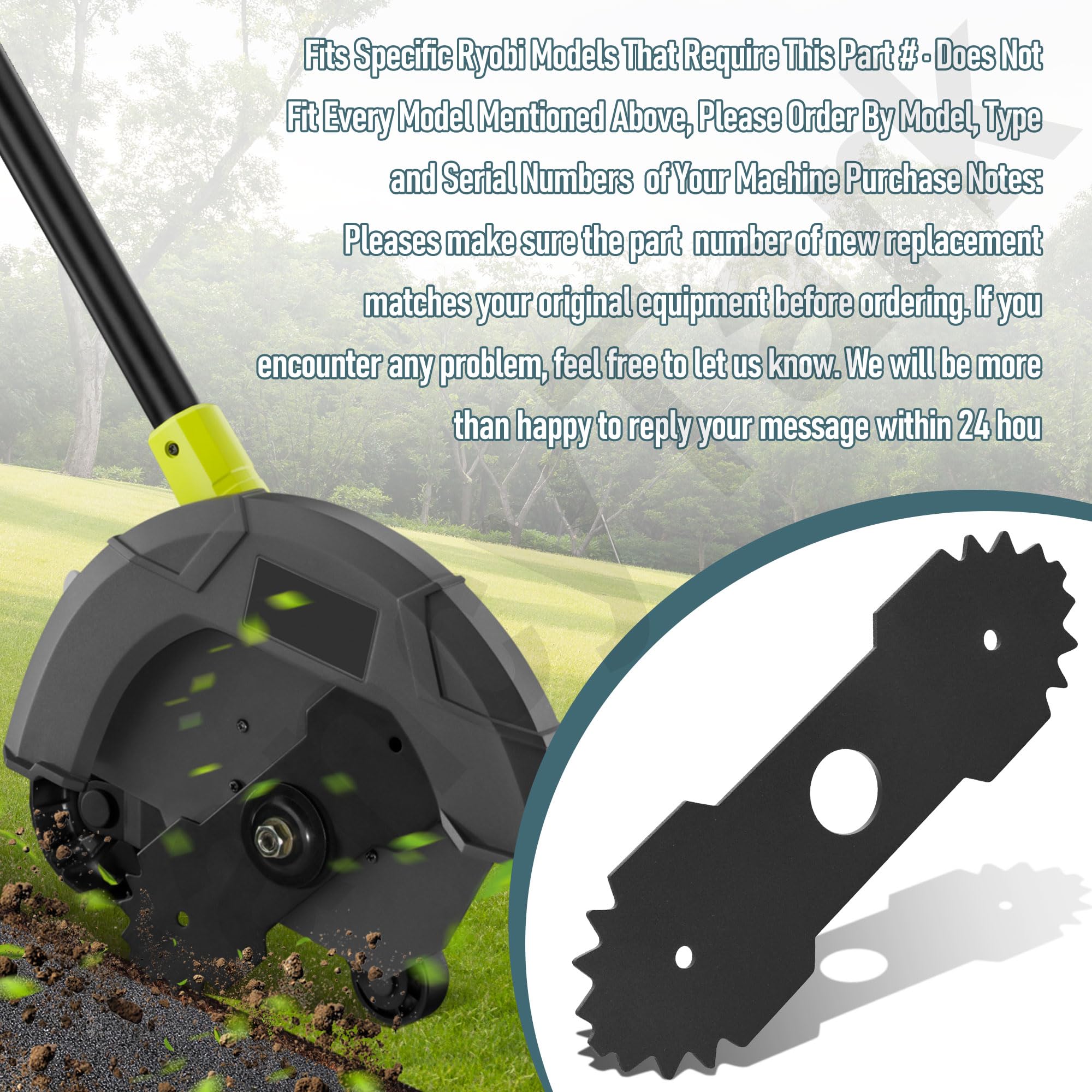 HandyTek edger blade suitable for select Ryobi and Homelite models with a 1-inch center hole.