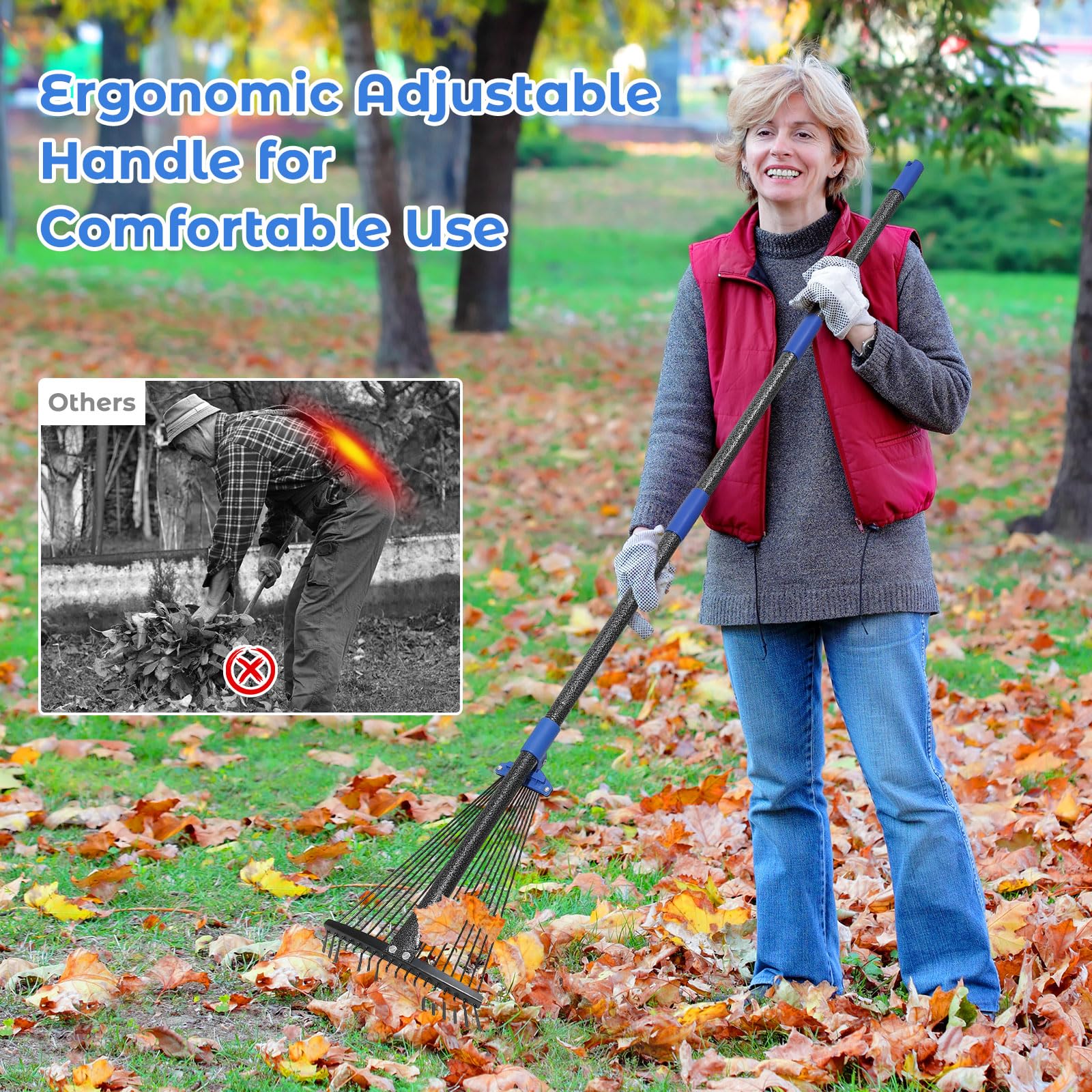 Hangmaicome ergonomic cushioned handle reduces strain during raking.