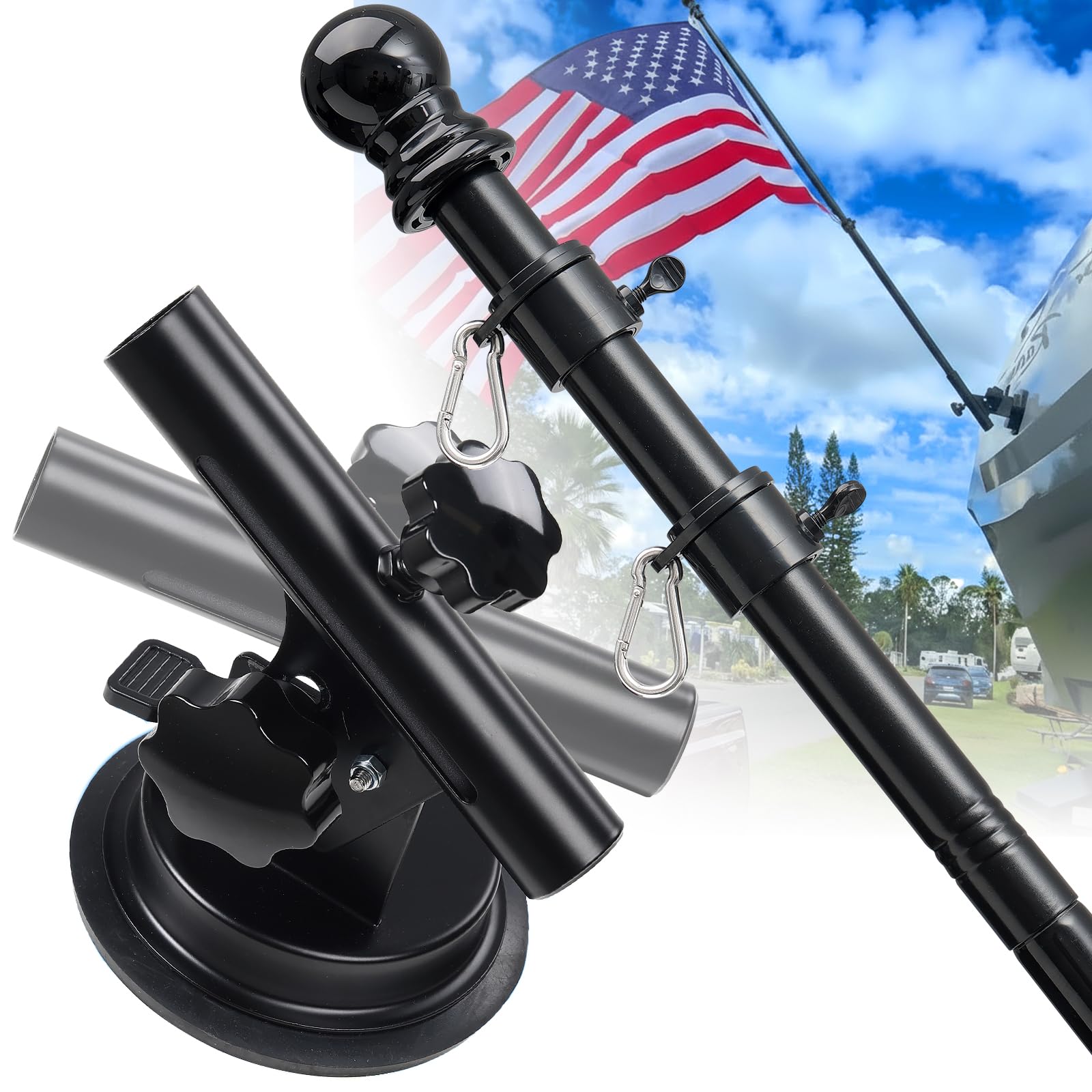 HANGMAICOME flag pole kit with suction base offers secure no-drill mounting for RVs.