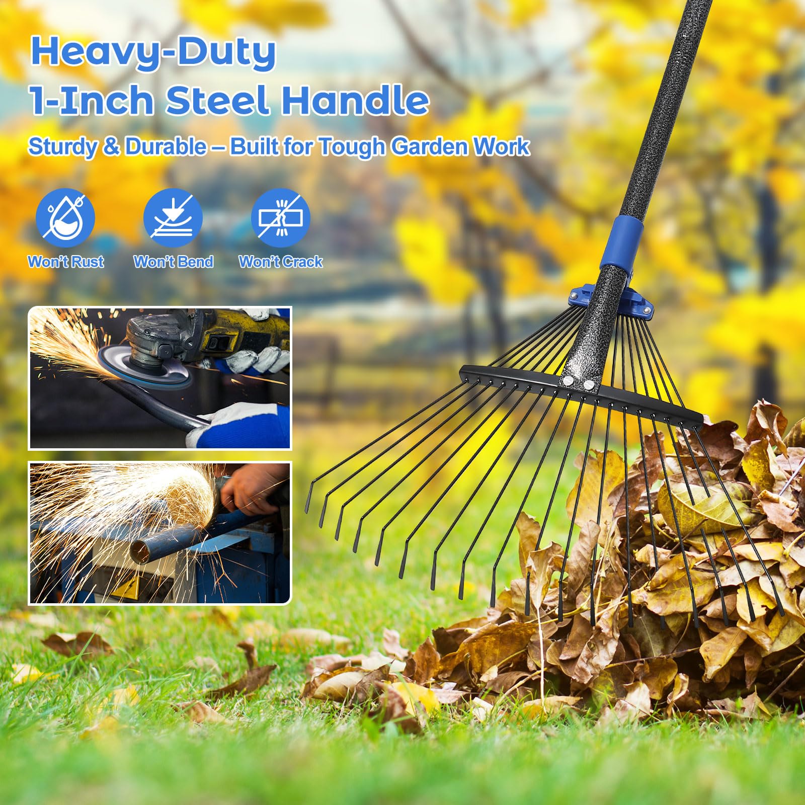Hangmaicome heavy-duty metal rake with 1-inch steel handle for durable yard work