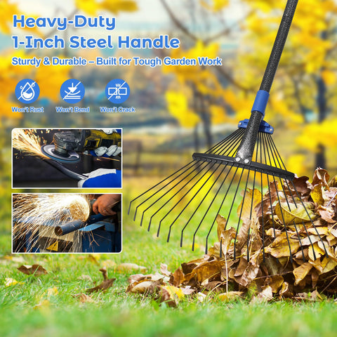 Hangmaicome heavy-duty metal rake with 1-inch steel handle for durable yard work
