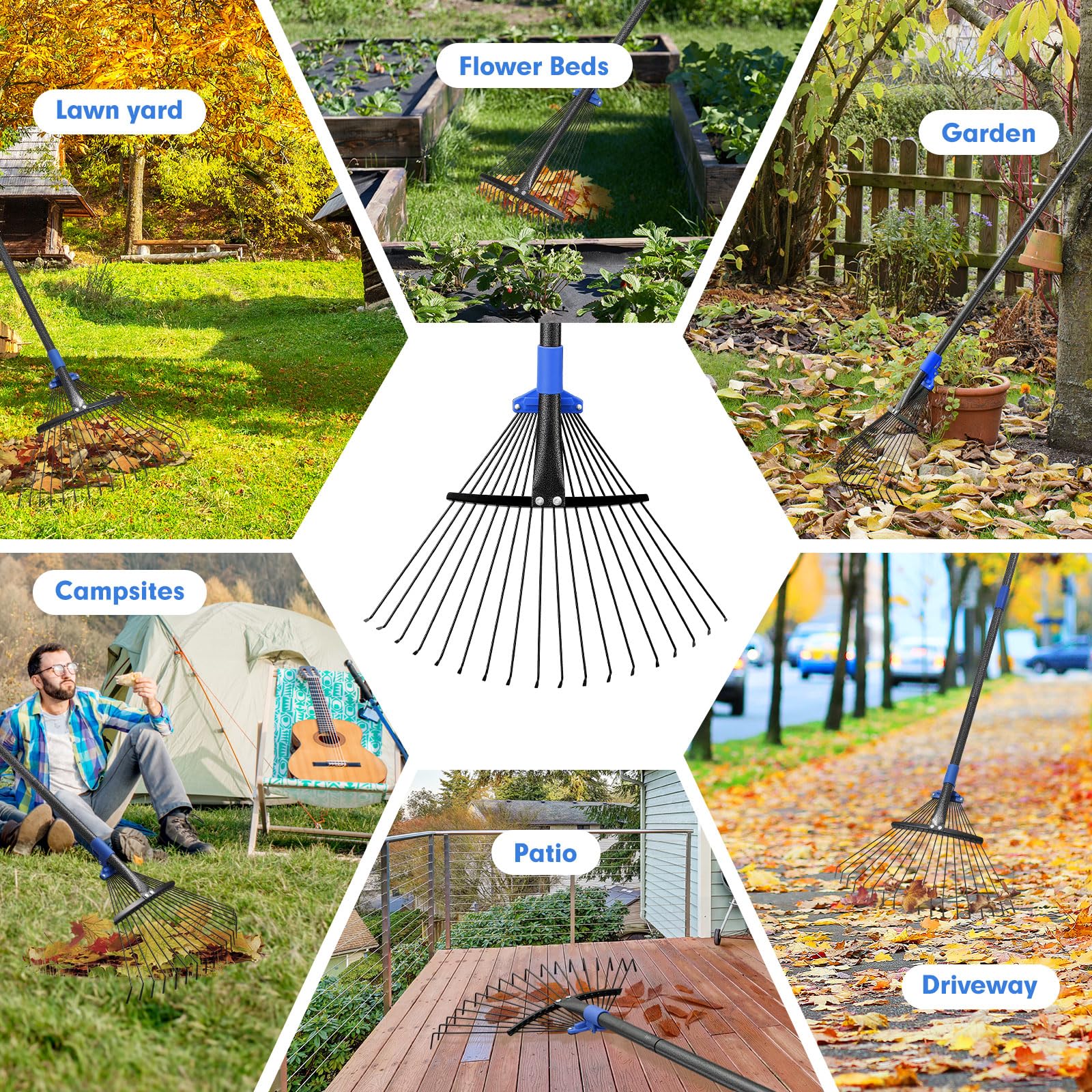 Hangmaicome versatile rake handles leaves, grass, and debris efficiently.