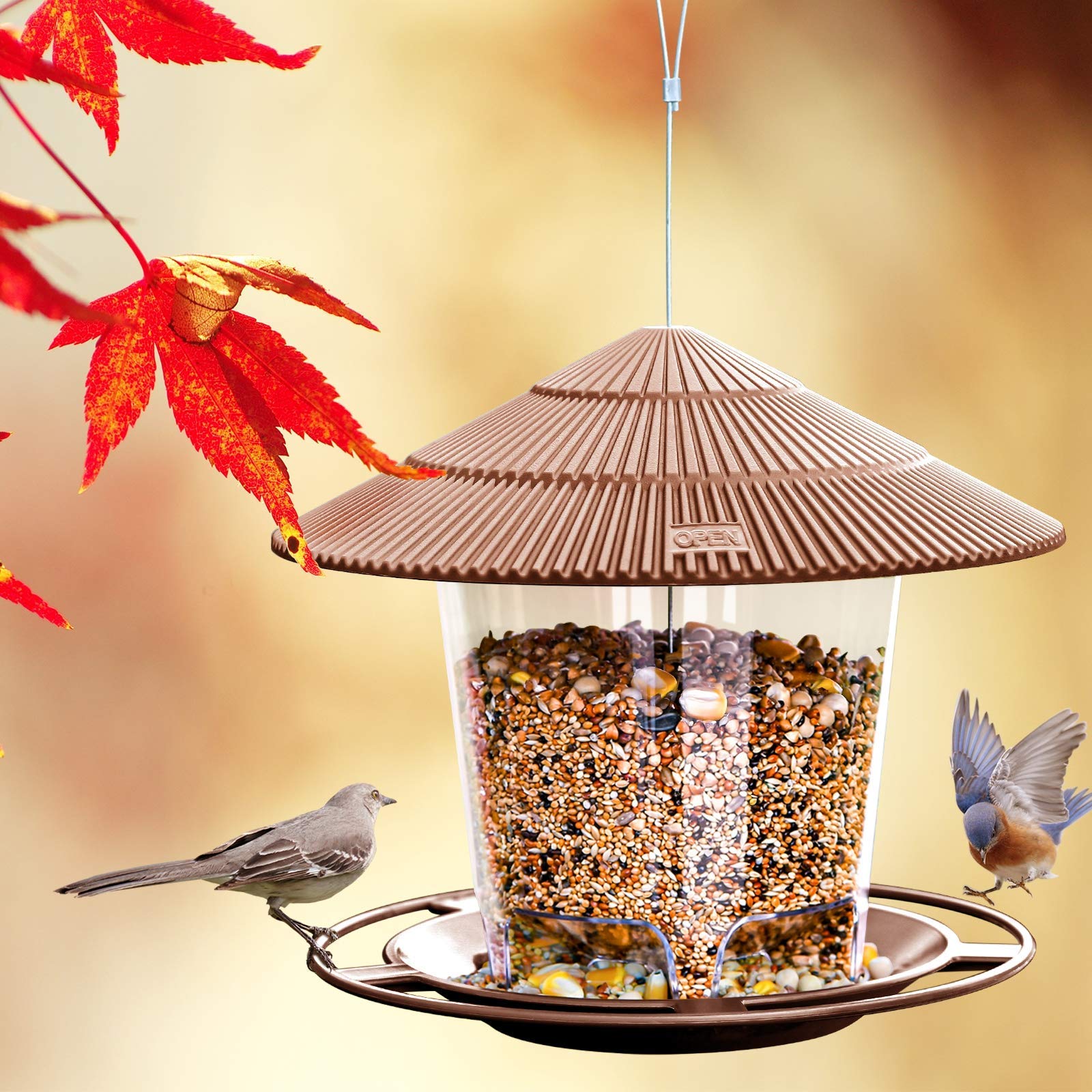 Hanizi feeder with 47 oz capacity for extended bird-watching sessions.