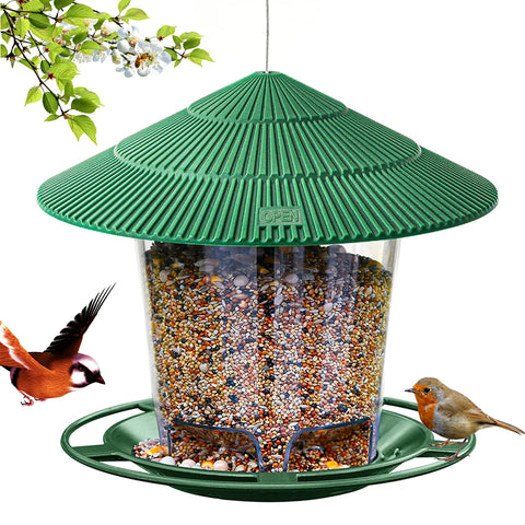 Hanizi outdoor hanging bird feeder in green, lightweight and squirrel-proof for backyard birds.