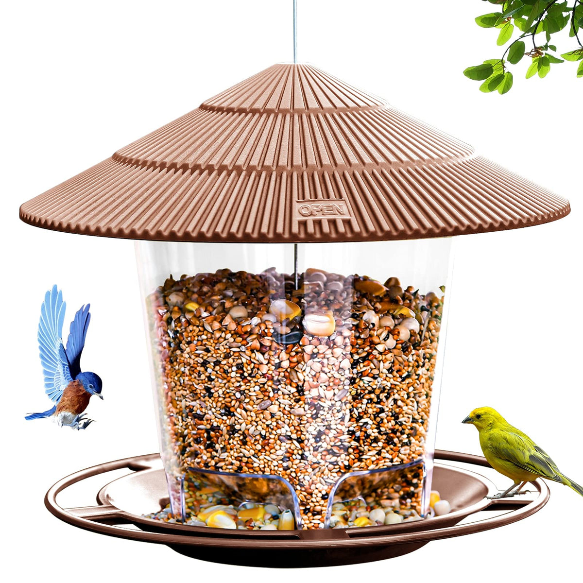 Hanizi outdoor hanging bird feeder with clear window to monitor seed levels.