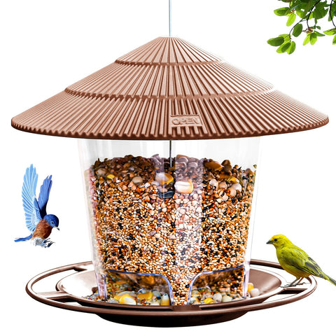 Hanizi outdoor hanging bird feeder with clear window to monitor seed levels.
