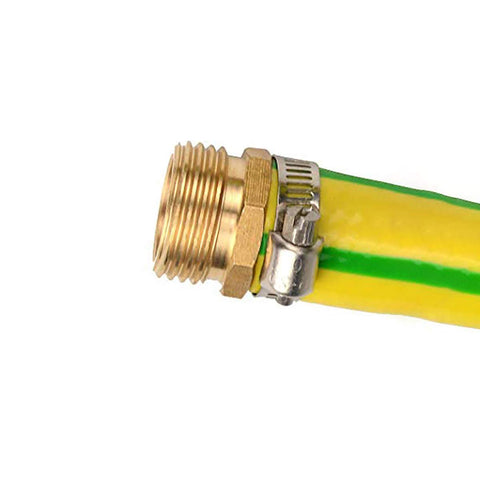 Hanobo brass hose connector close-up showing compatible 3/4-inch threads.