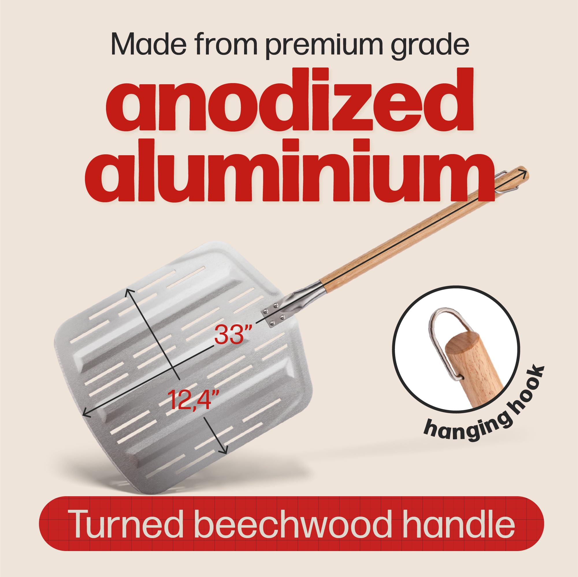 Hans Grill long-handled anodised pizza peel for safe pie loading