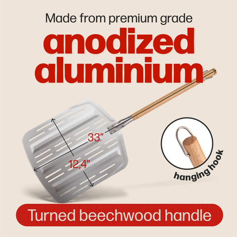 Hans Grill long-handled anodised pizza peel for safe pie loading