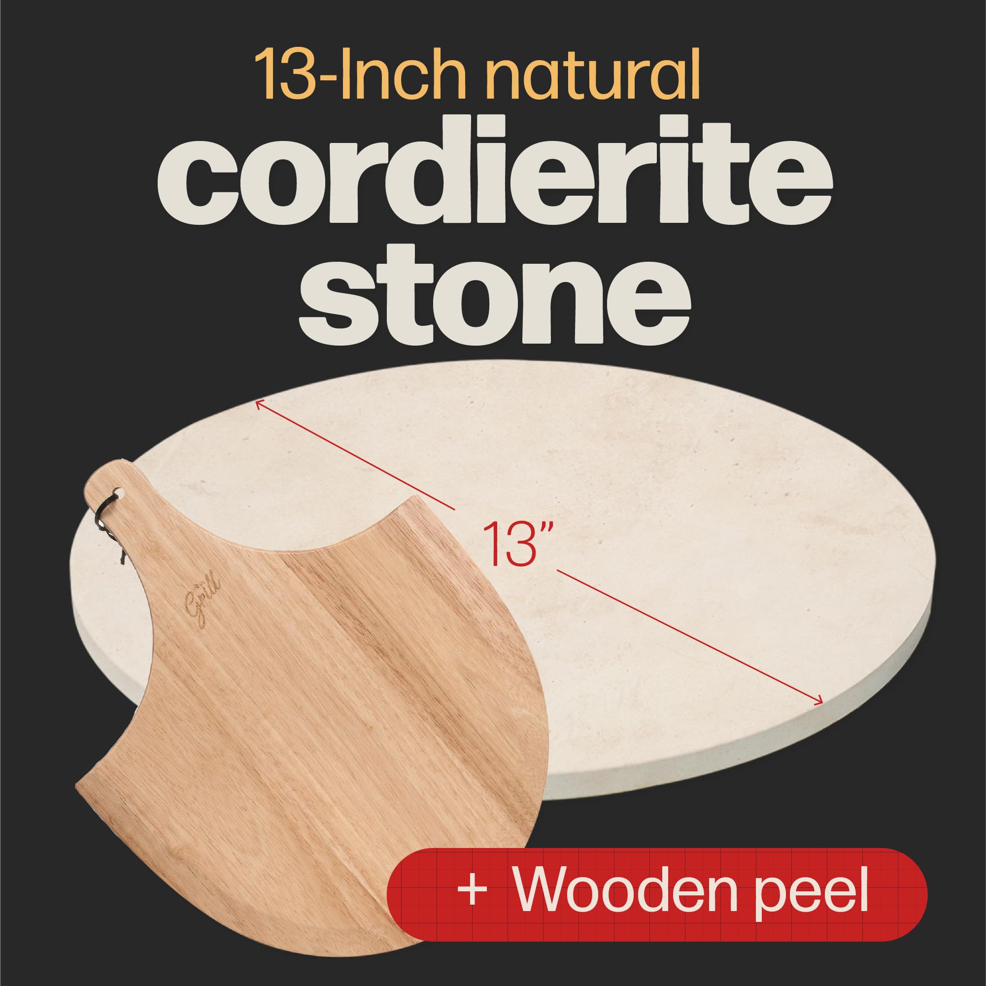 Hans Grill pizza stone with free wooden peel shown for easy transfer