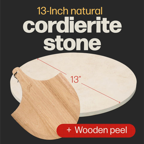 Hans Grill pizza stone with free wooden peel shown for easy transfer