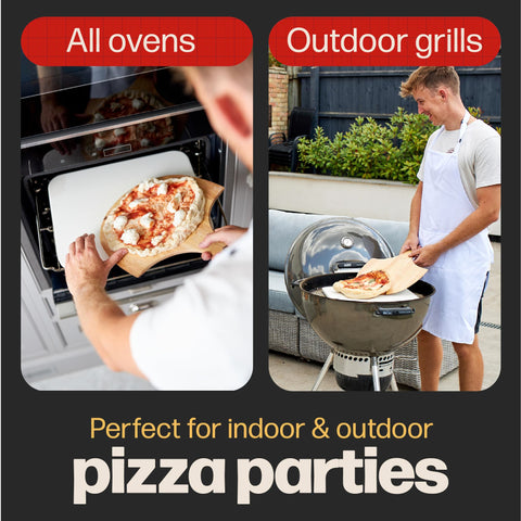 Hans Grill pizza stone with a seasoned look from regular use.