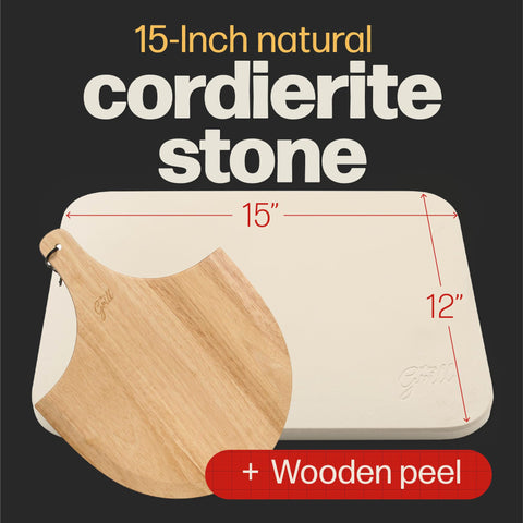 Hans Grill pizza stone rectangular with free wooden peel for effortless transfer.