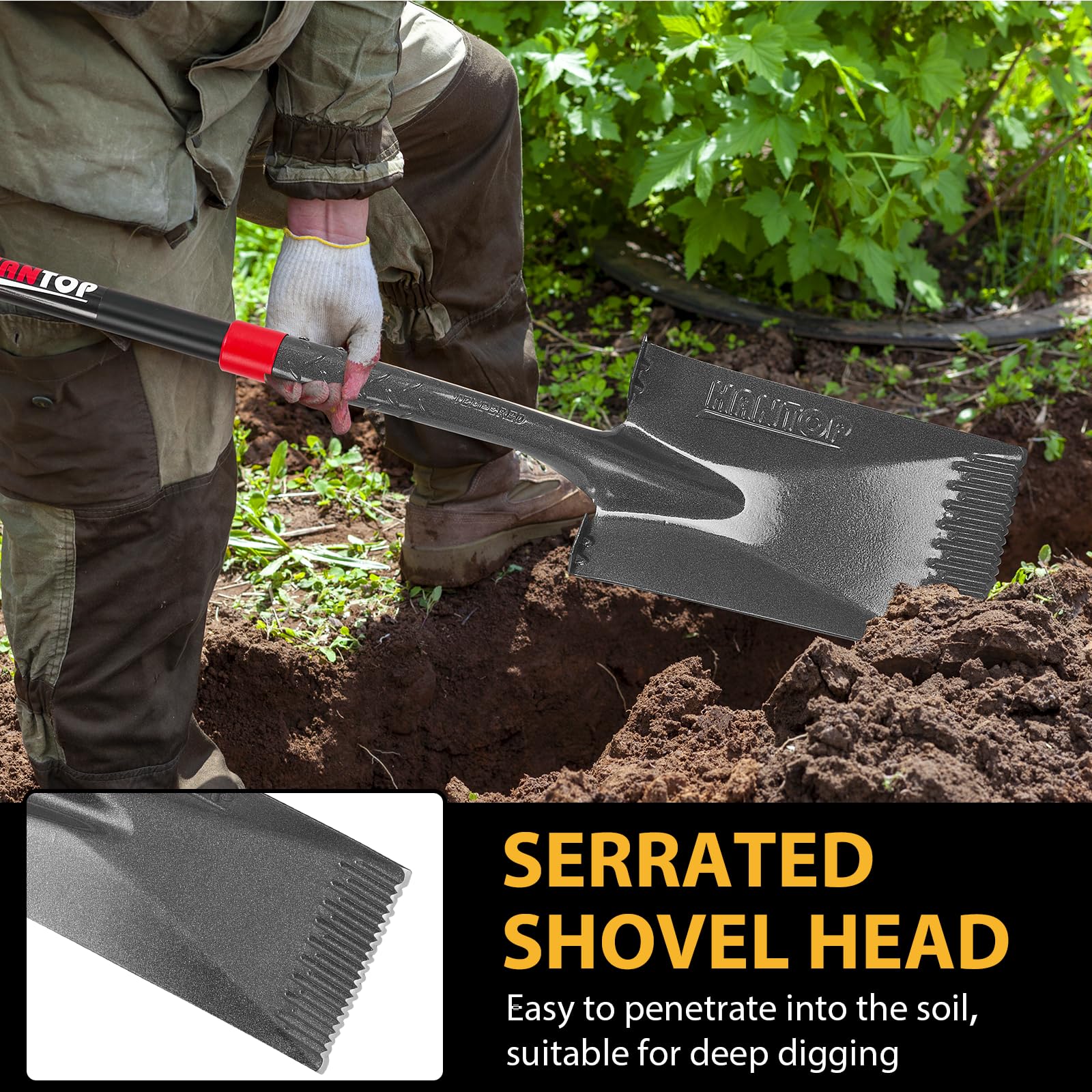 HANTOP 1050 manganese steel blade delivers durability for garden tasks.