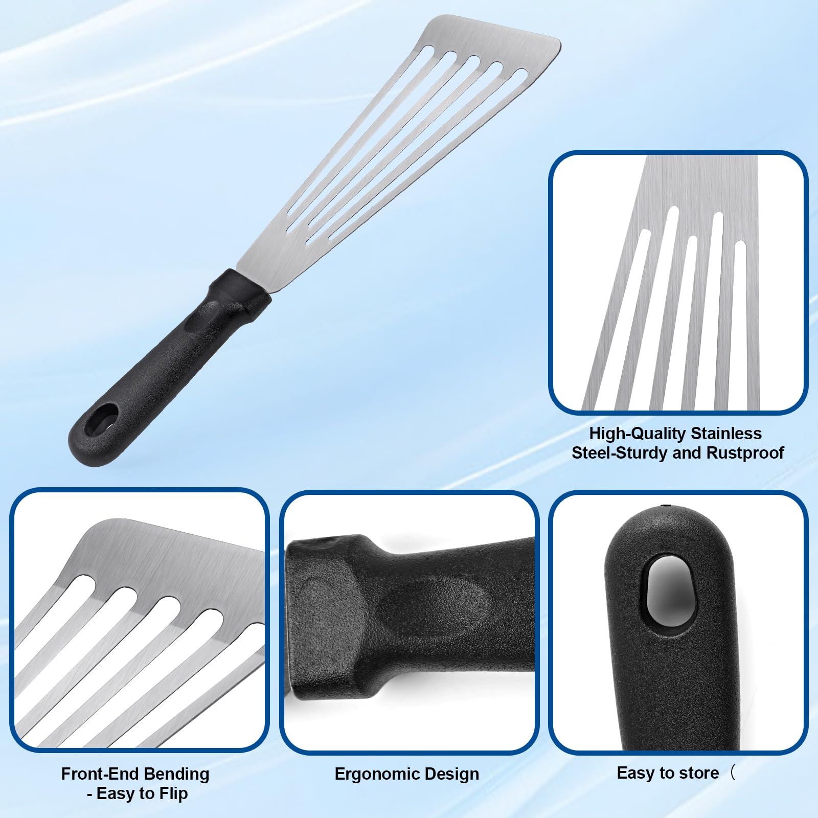 HANWRAPS curved-edge spatula facilitates smooth flipping of delicate foods.