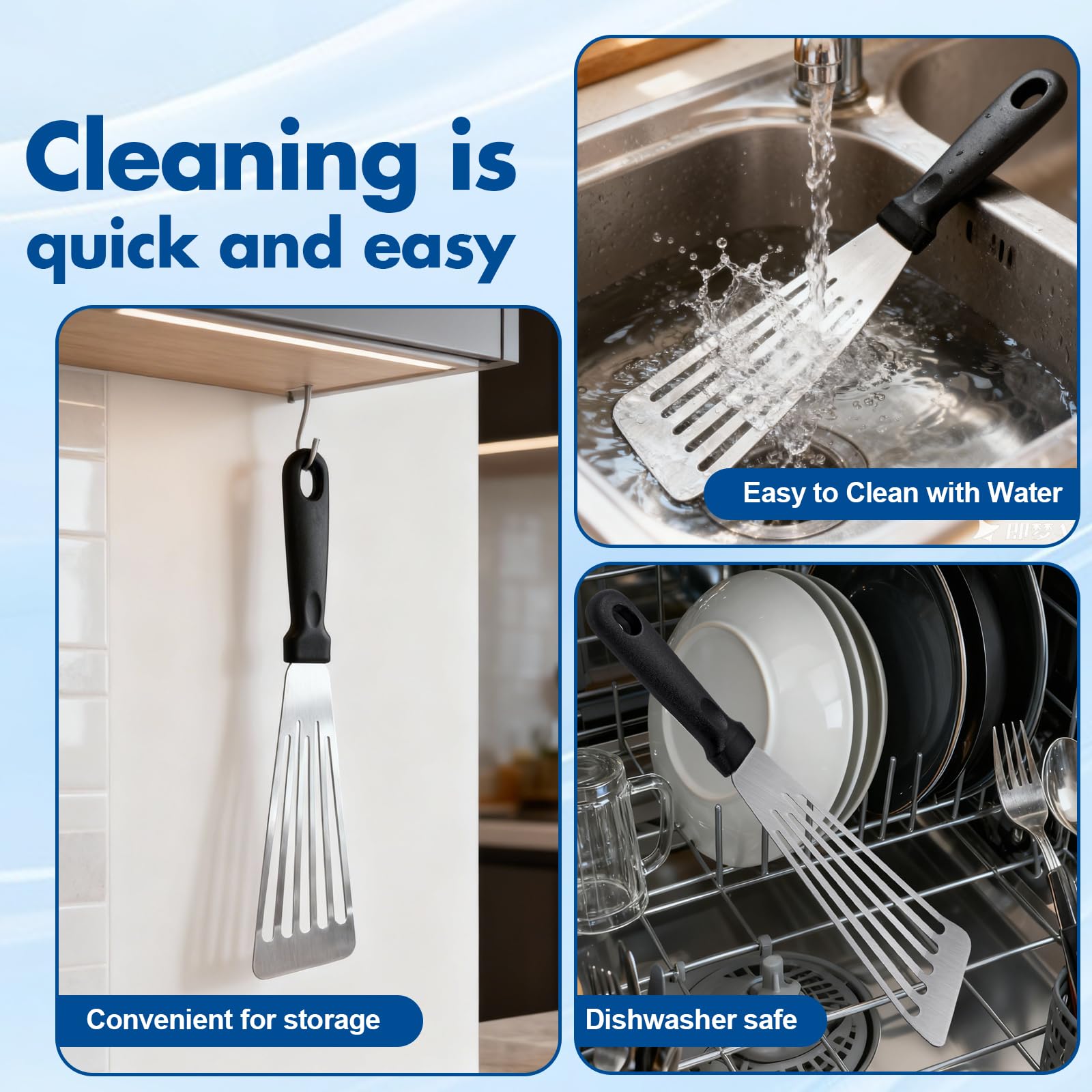 HANWRAPS flexible blade glides under food for precise turning.