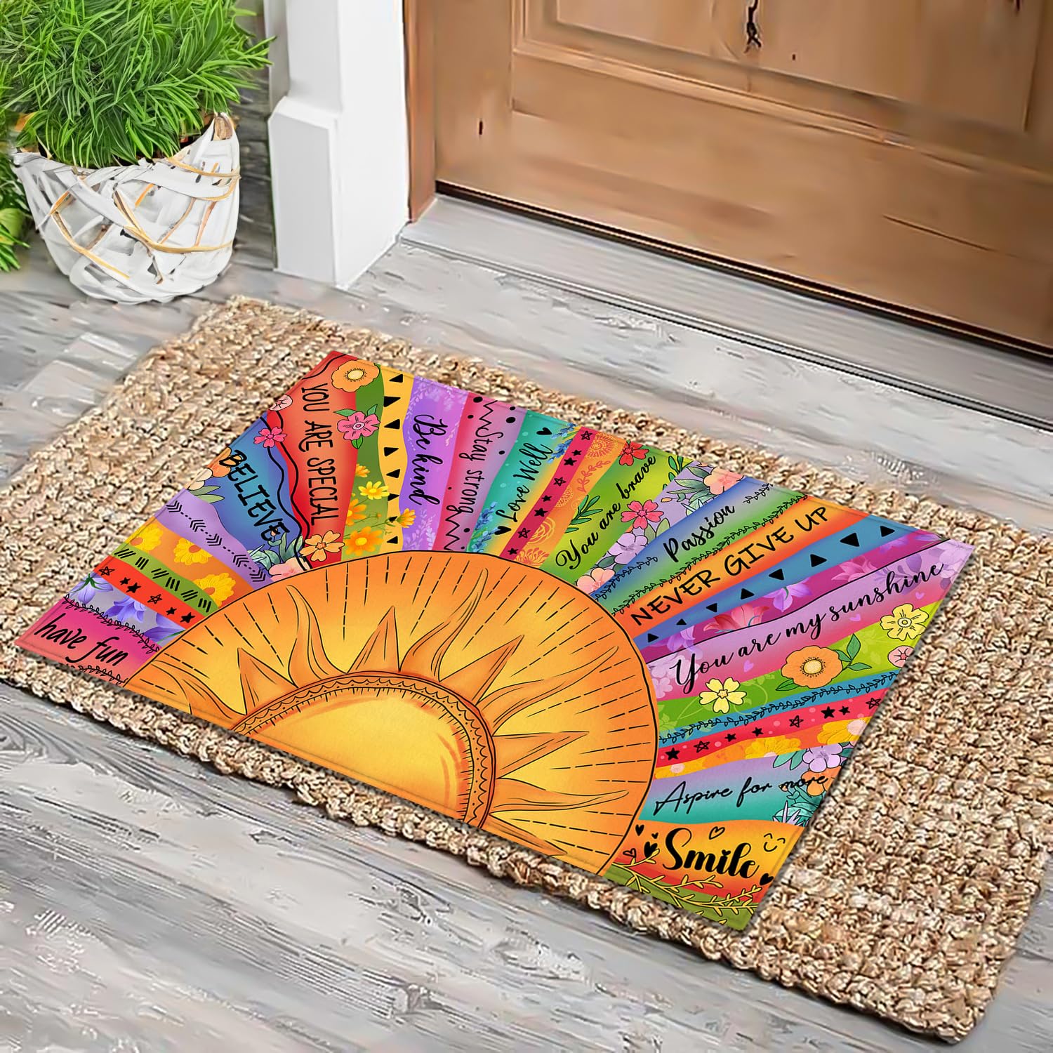 HANXIG Boho Sun doormat non-slip backing at entryway