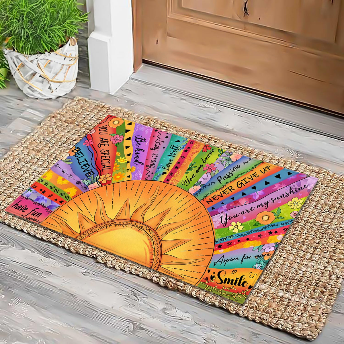 HANXIG Boho Sun doormat non-slip backing at entryway