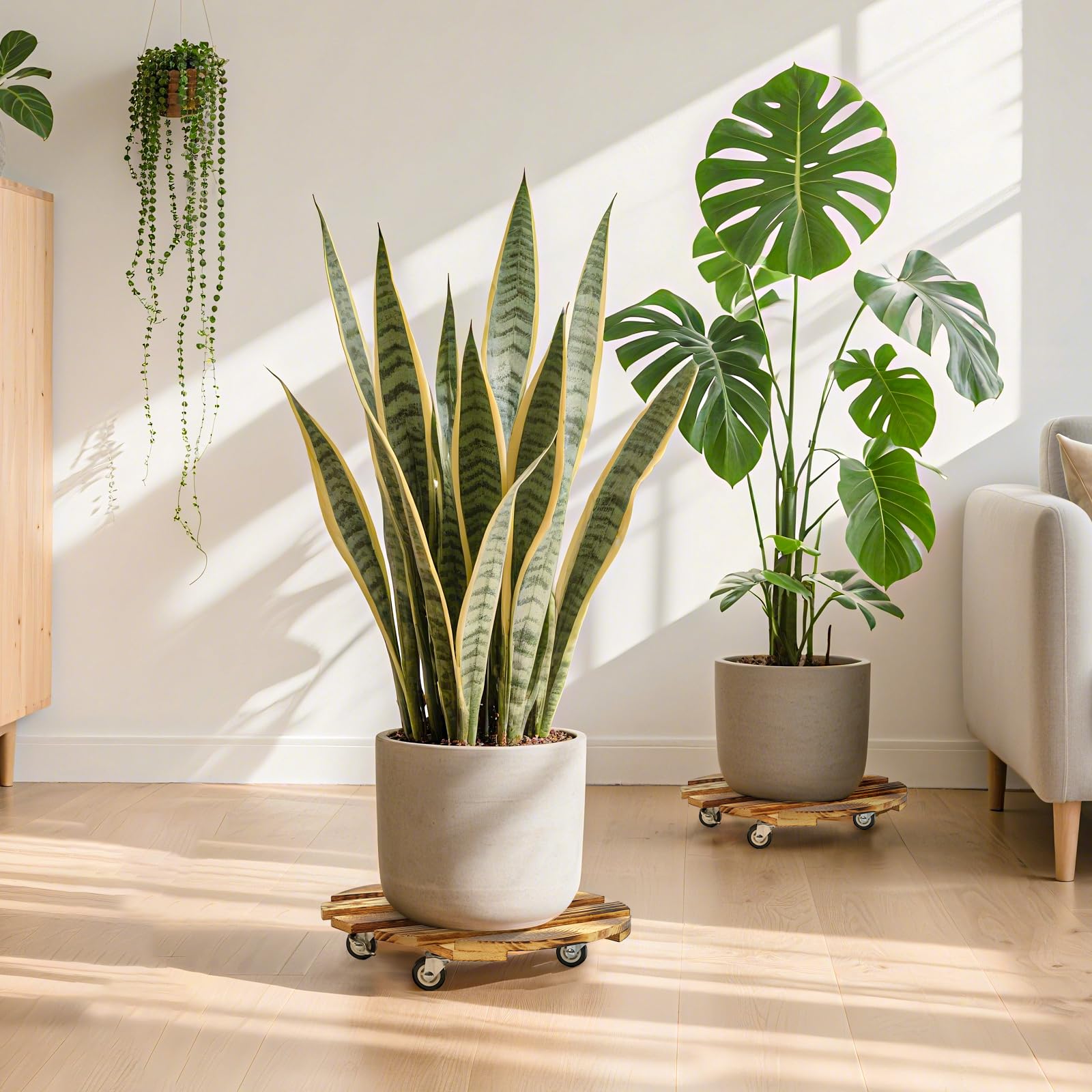 HAOIOKSC wooden round plant dolly shown for flexible indoor/outdoor use.