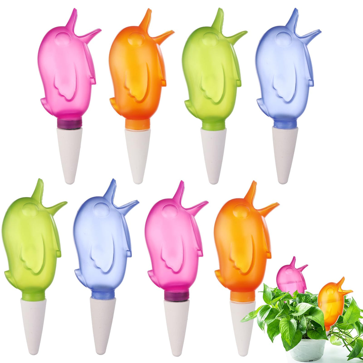 Haomian blue bird-shaped watering spike with front view, automatic hydration for indoor plants