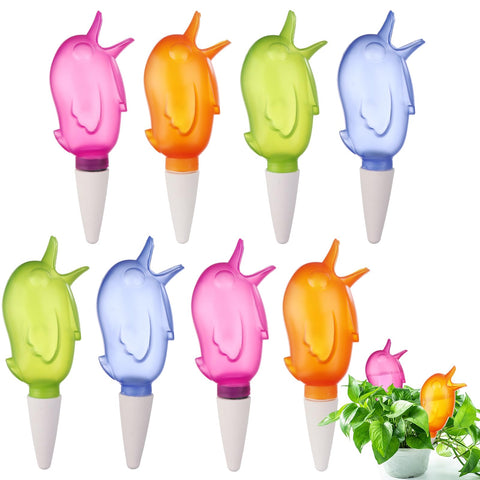 Haomian blue bird-shaped watering spike with front view, automatic hydration for indoor plants