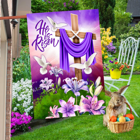 HAONEFECT Easter yard flag on a porch displays bright seasonal artwork.