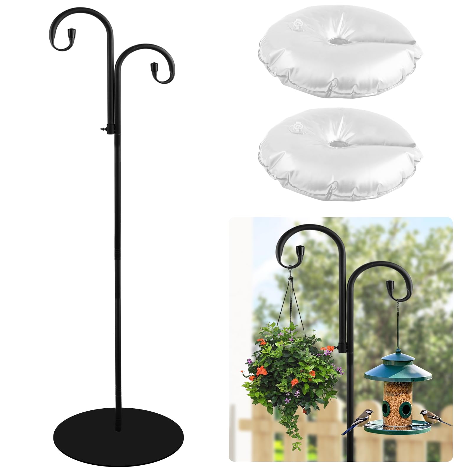 HAOPENGYOU shepherd hook stand with ballast base stabilizes outdoor displays.