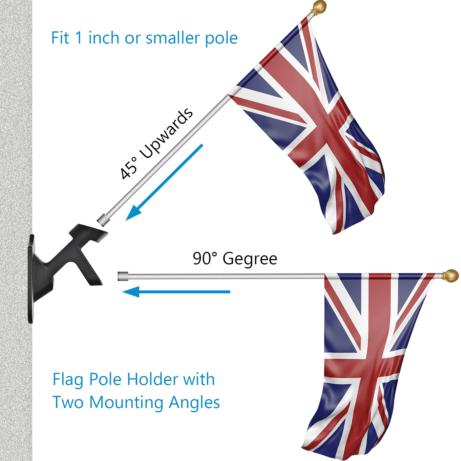 Haoridul flag pole bracket showing two-position mounting for display