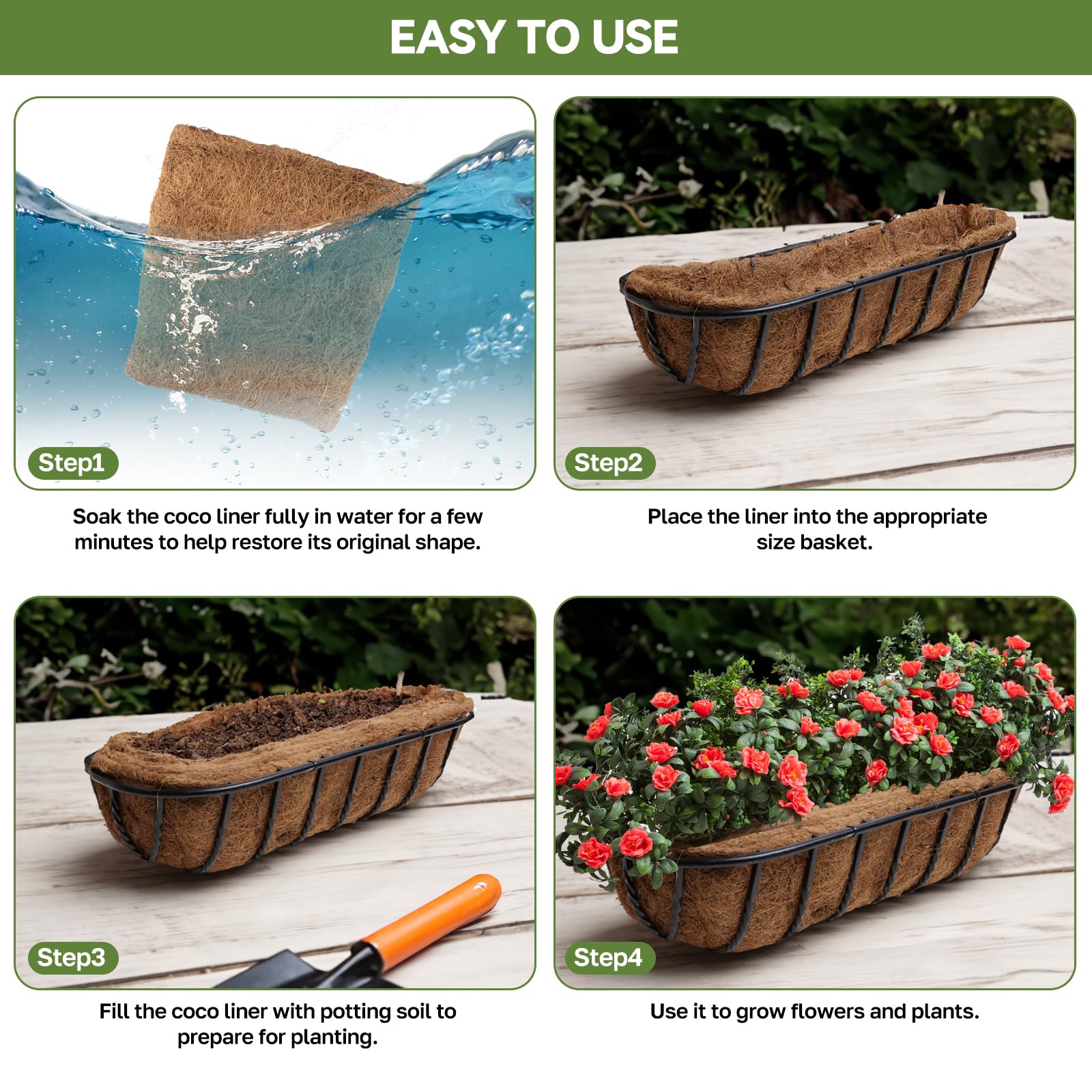 HAOVZRI coco liner fits railing planters, guiding water drainage and root health.