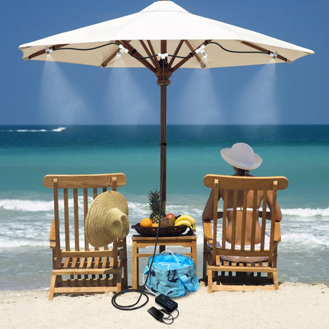 HAOWIN misting system close-up on rechargeable pump for portable outdoor cooling.