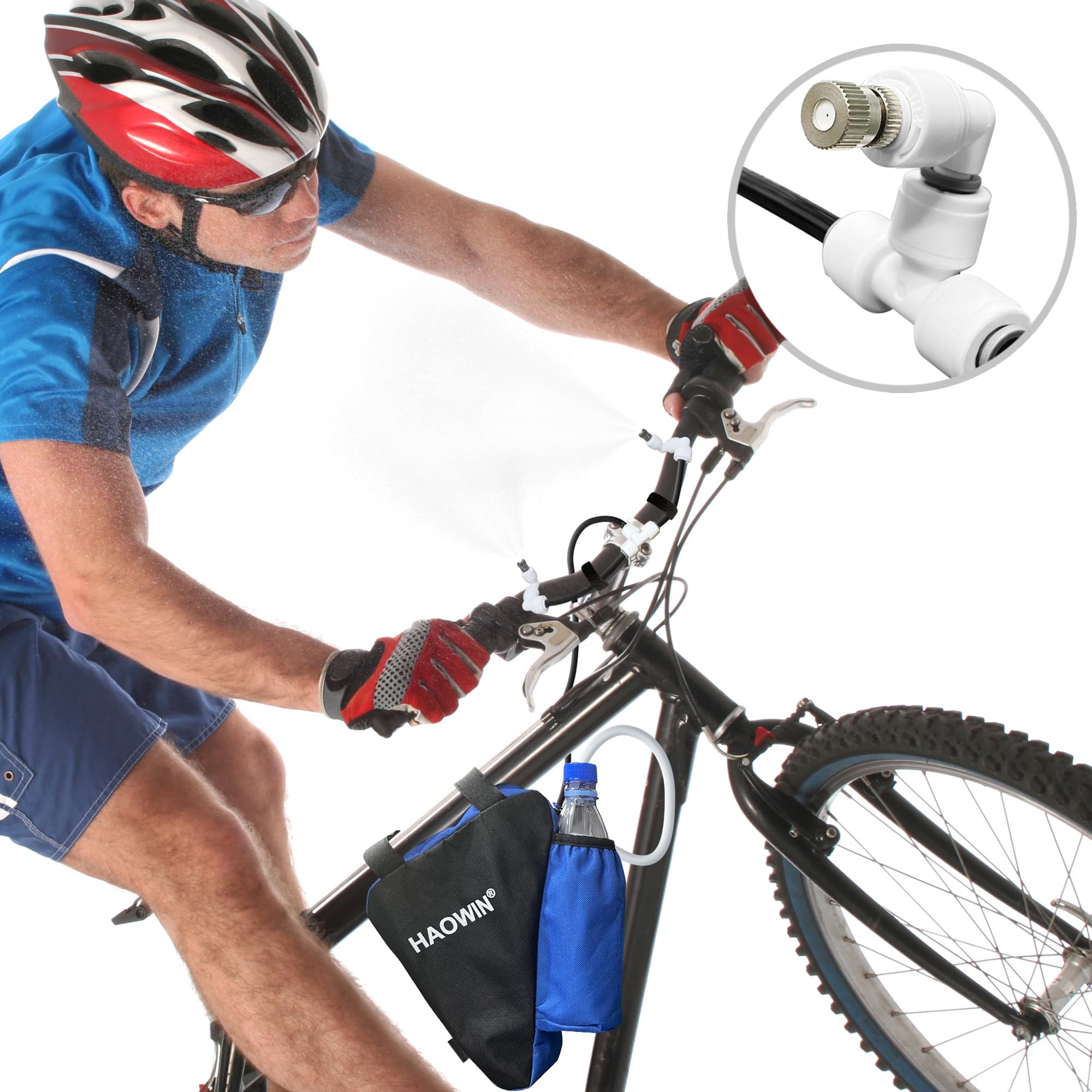 HAOWIN triangle bag attached to bike for on-the-go misting.