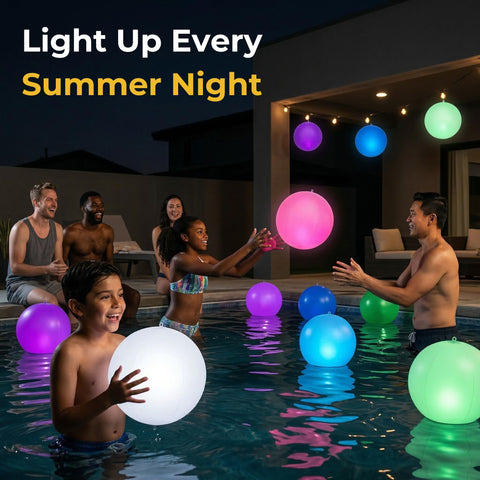 HAPIKAY color-changing LED ball lighting the backyard at dusk