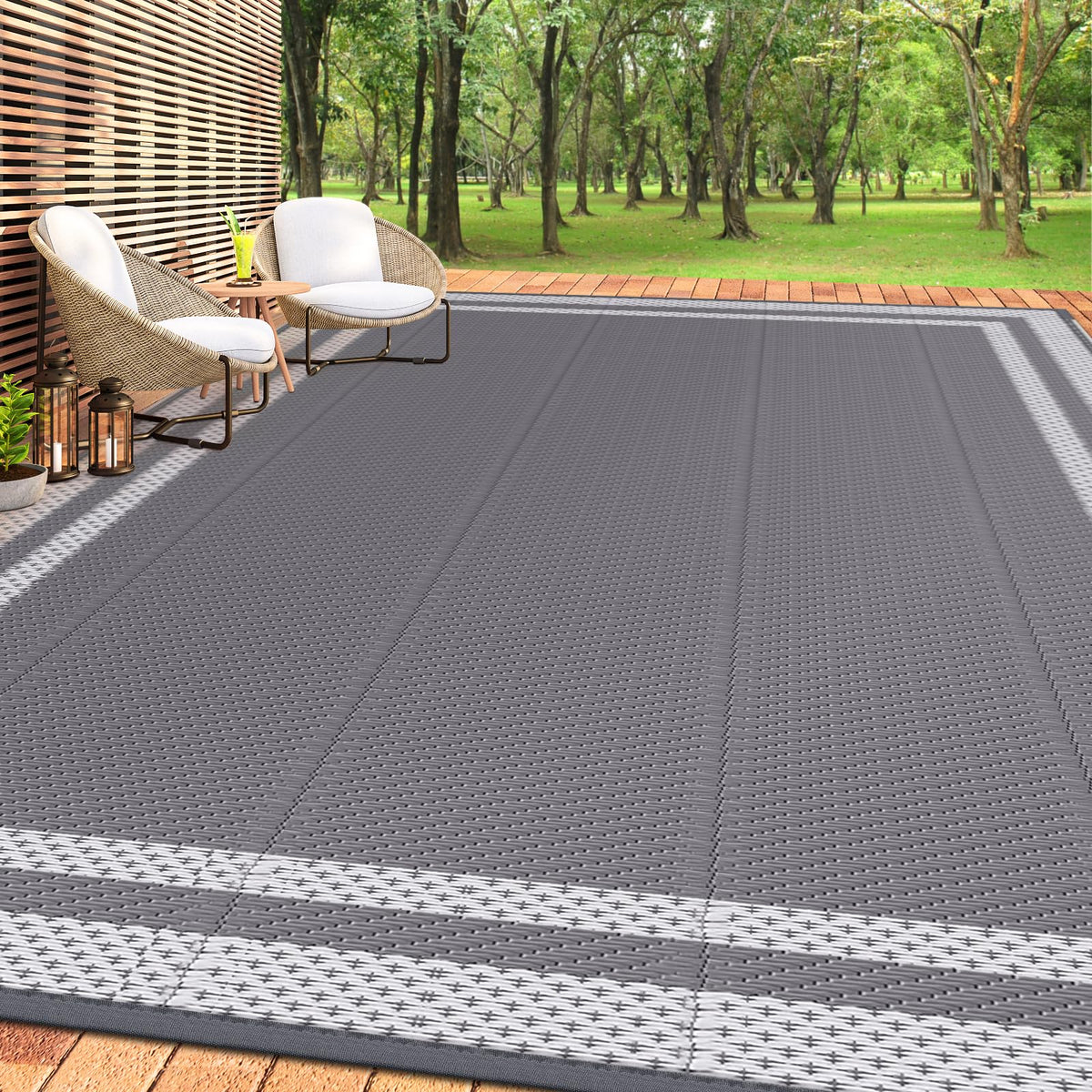 HappyTrends outdoor rug white and gray flat layout for quick outdoor protection
