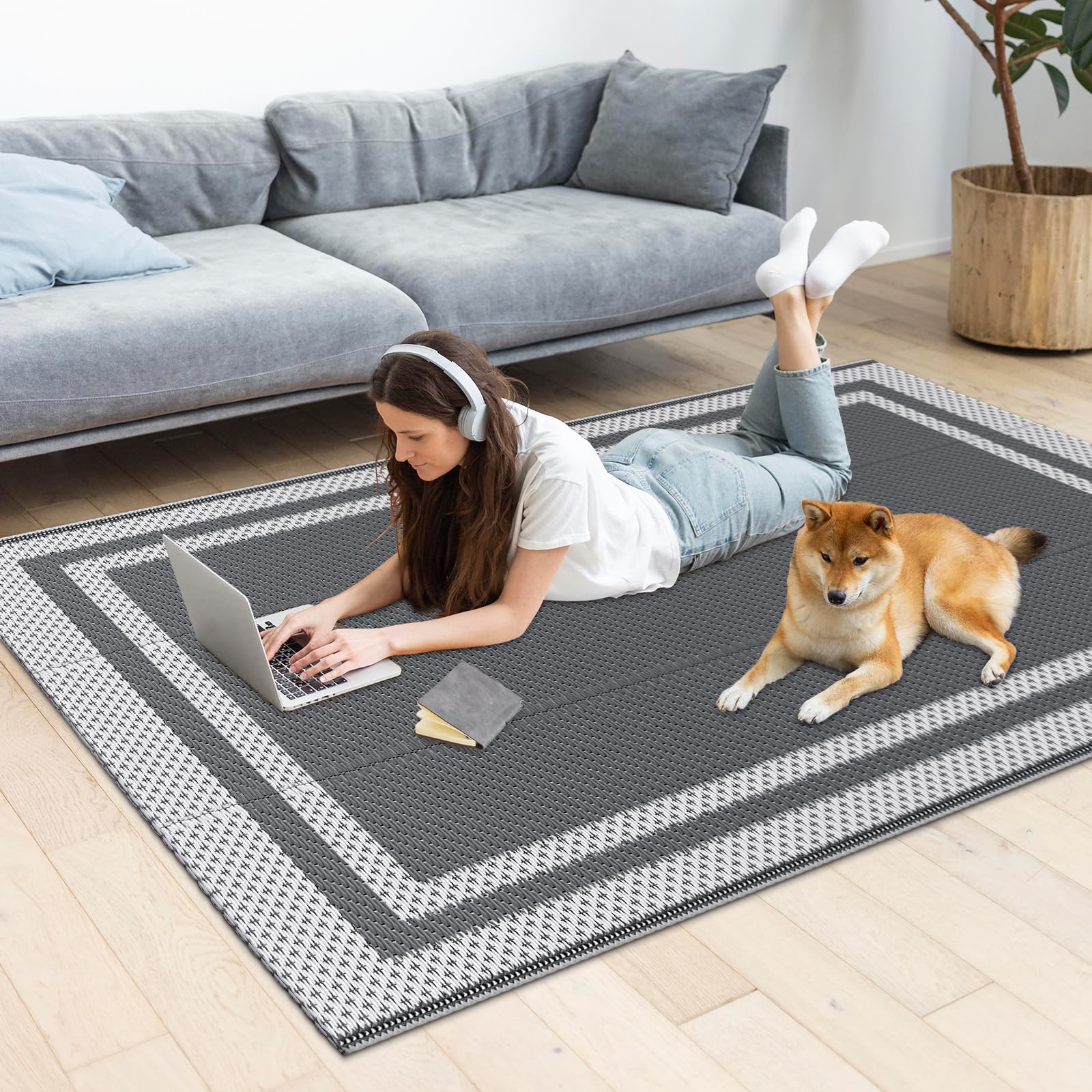 HappyTrends outdoor rug with reversible design for patios and decks.