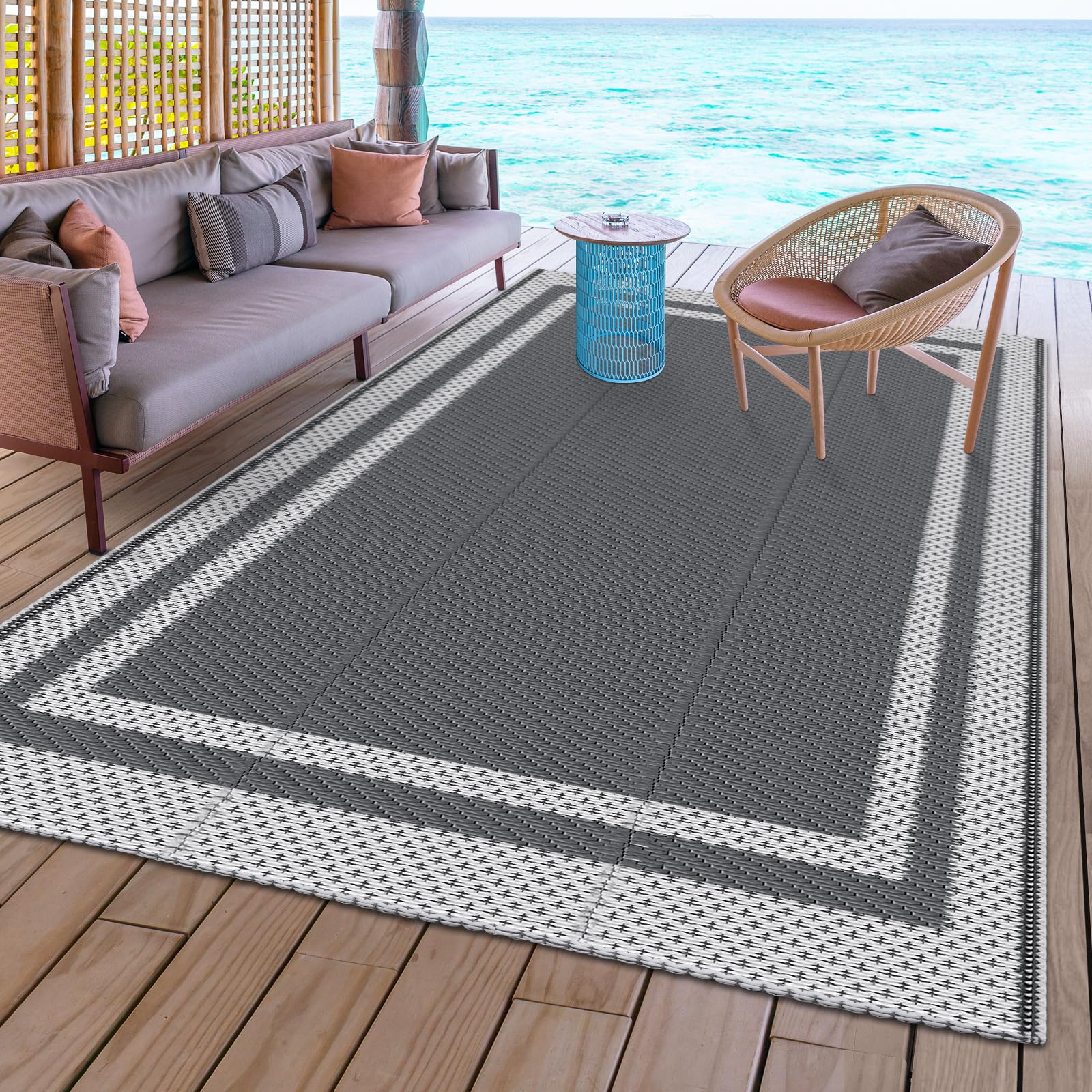 HappyTrends reversible rug complements multiple outdoor spaces and colors.