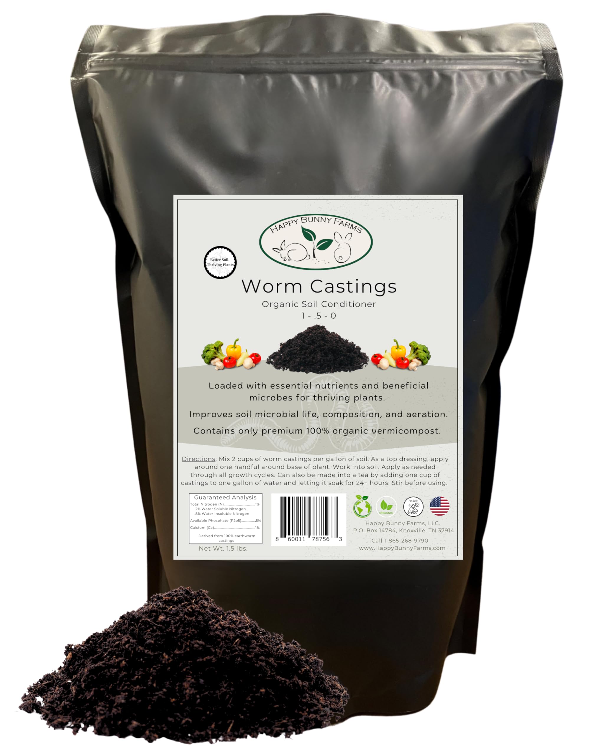 Happy Bunny Farms worm castings bottle pour demonstrates easy application for healthier soil.