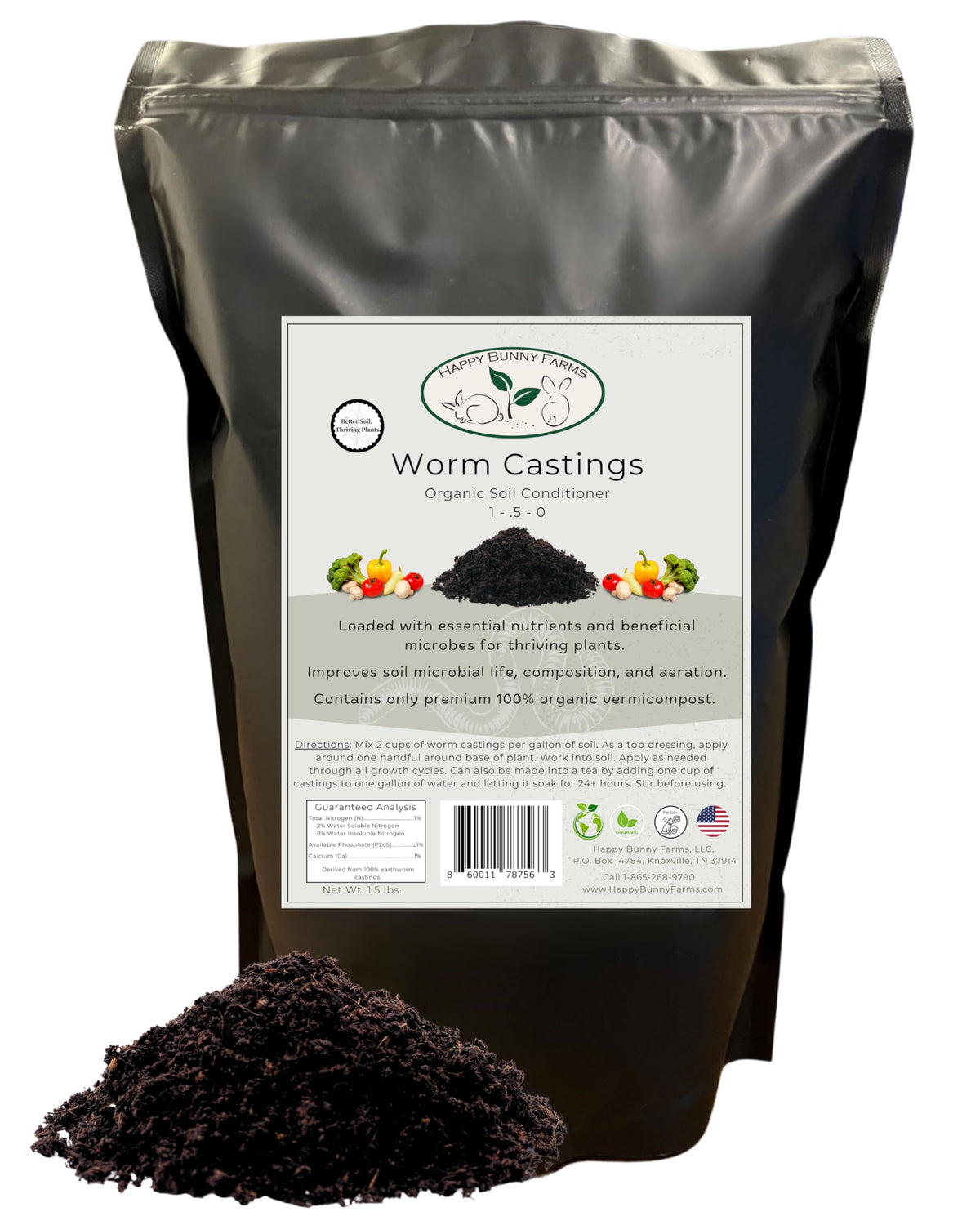 Happy Bunny Farms worm castings bottle pour demonstrates easy application for healthier soil.