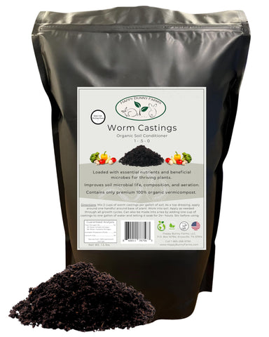 Happy Bunny Farms worm castings bottle pour demonstrates easy application for healthier soil.