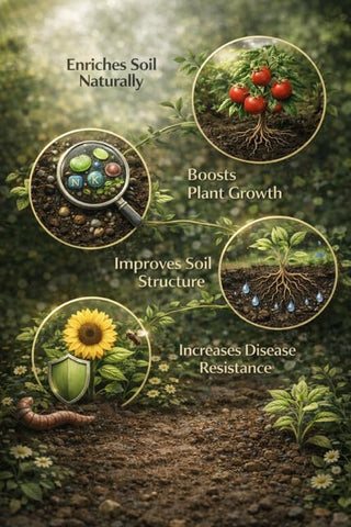 Happy Bunny Farms worm castings microorganisms emphasize beneficial microbes aiding soil vitality.