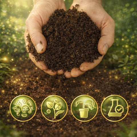 Happy Bunny Farms worm castings soil-structure image highlights improved aeration and moisture retention.