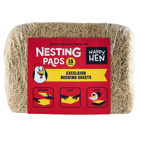 Happy Hen Treats Excelsior nesting pad keeps eggs clean and dry in nesting boxes.