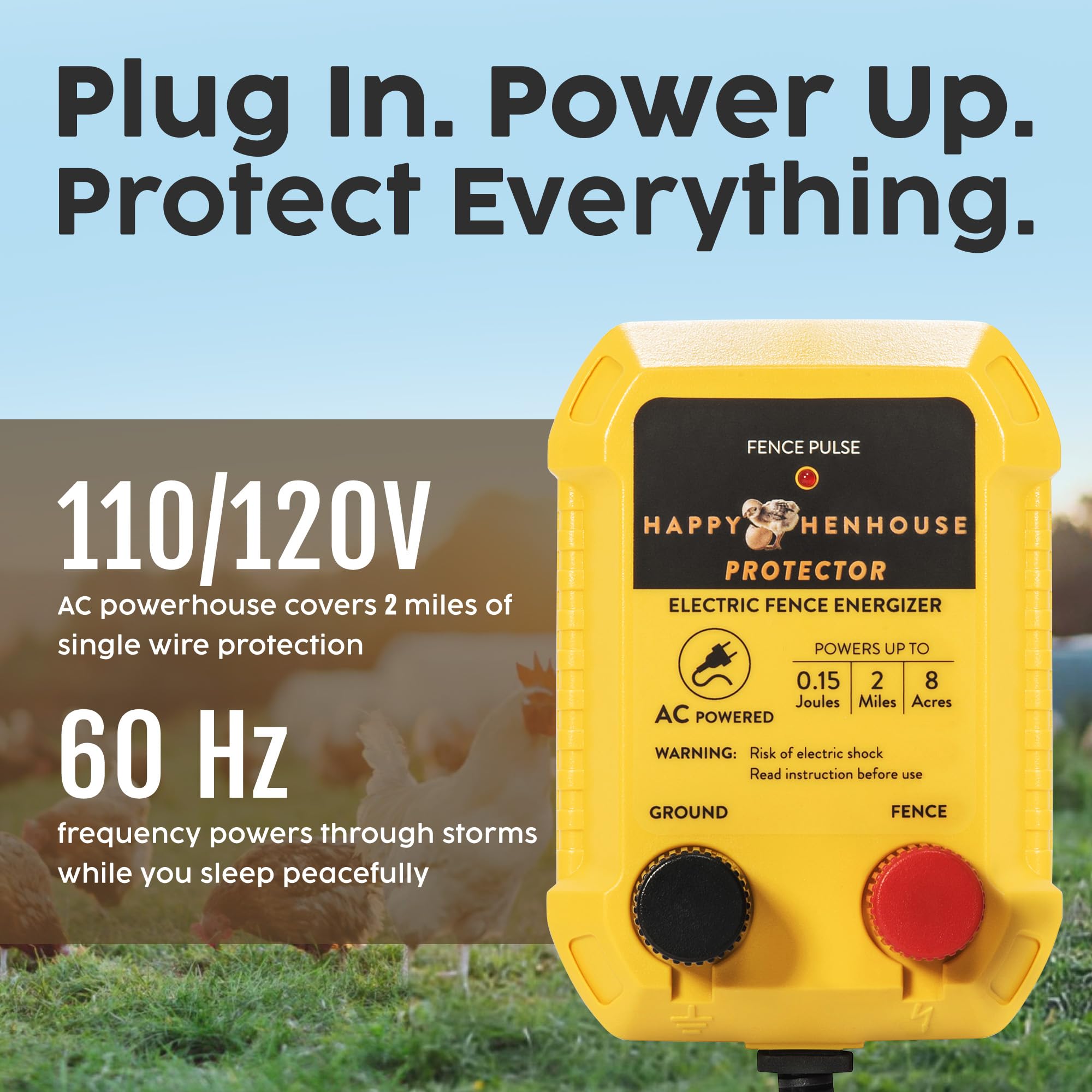 Happy Henhouse charger close-up showing rugged housing and pulse indicator for reliable deterrence.