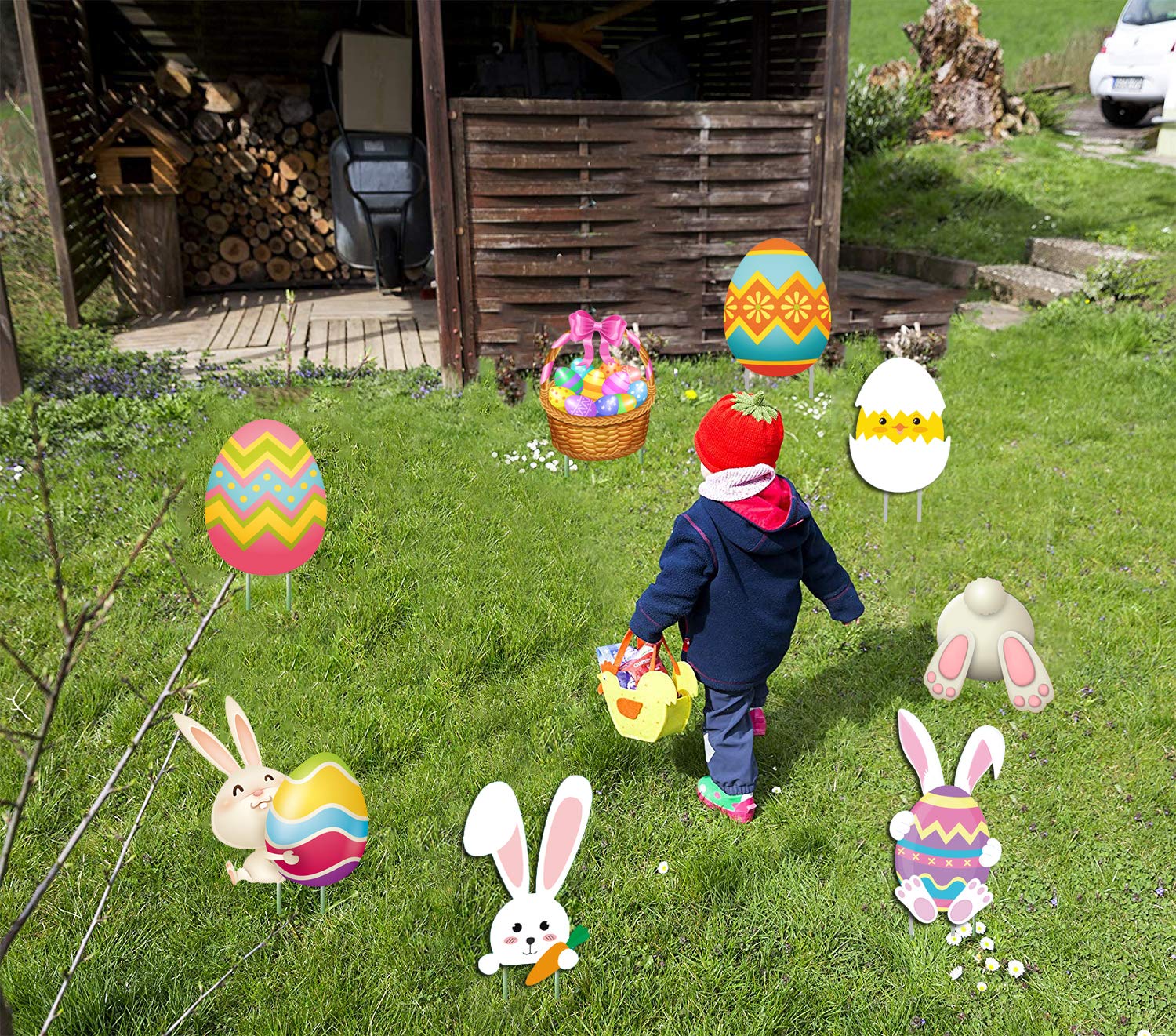 Happy Storm egg basket yard sign invites guests to Easter hunts