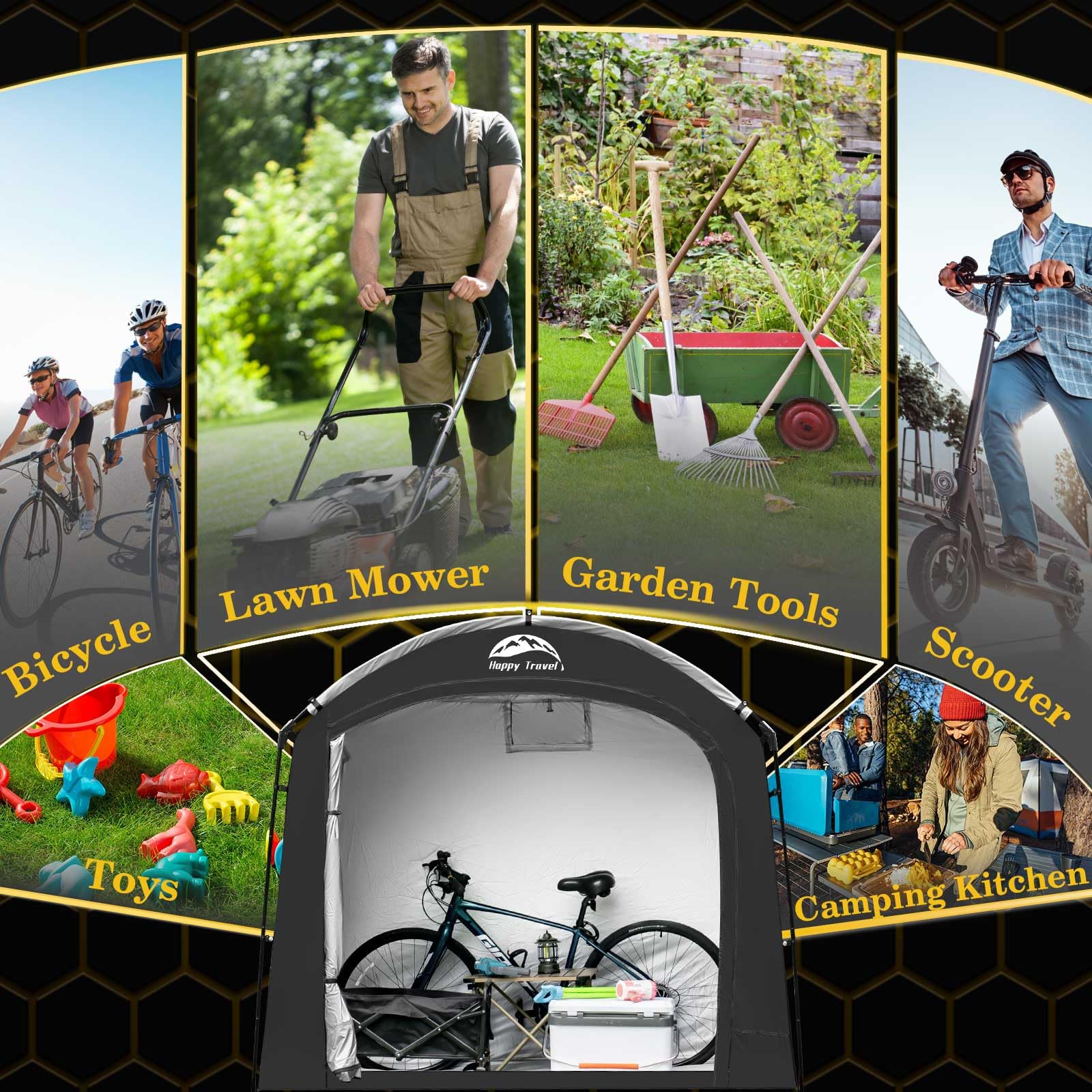Compact folding of Happy Travel bike shed tent for portable transport.