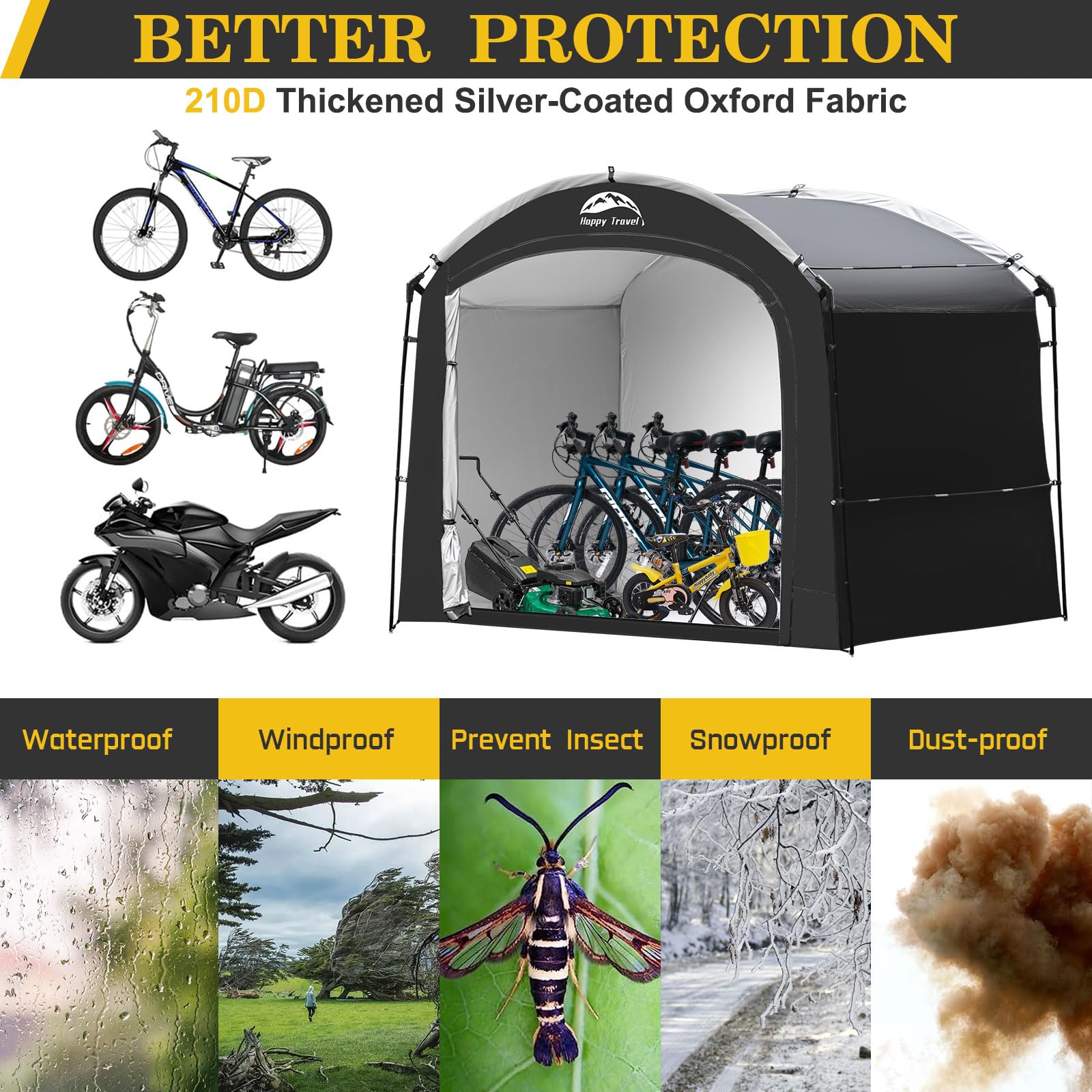 Happy Travel bike shed tent storing 4–5 bikes securely outdoors.