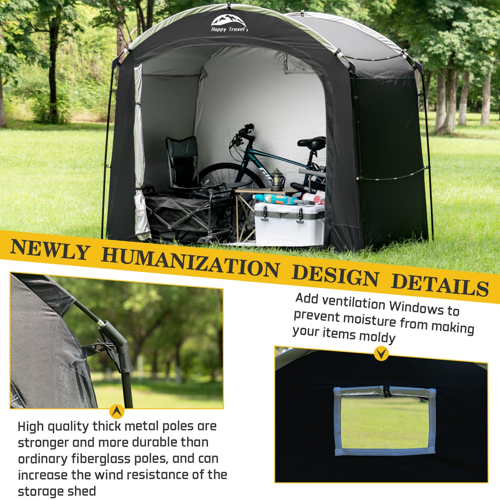 Clip design on Happy Travel bike shed tent enhances quick setup.