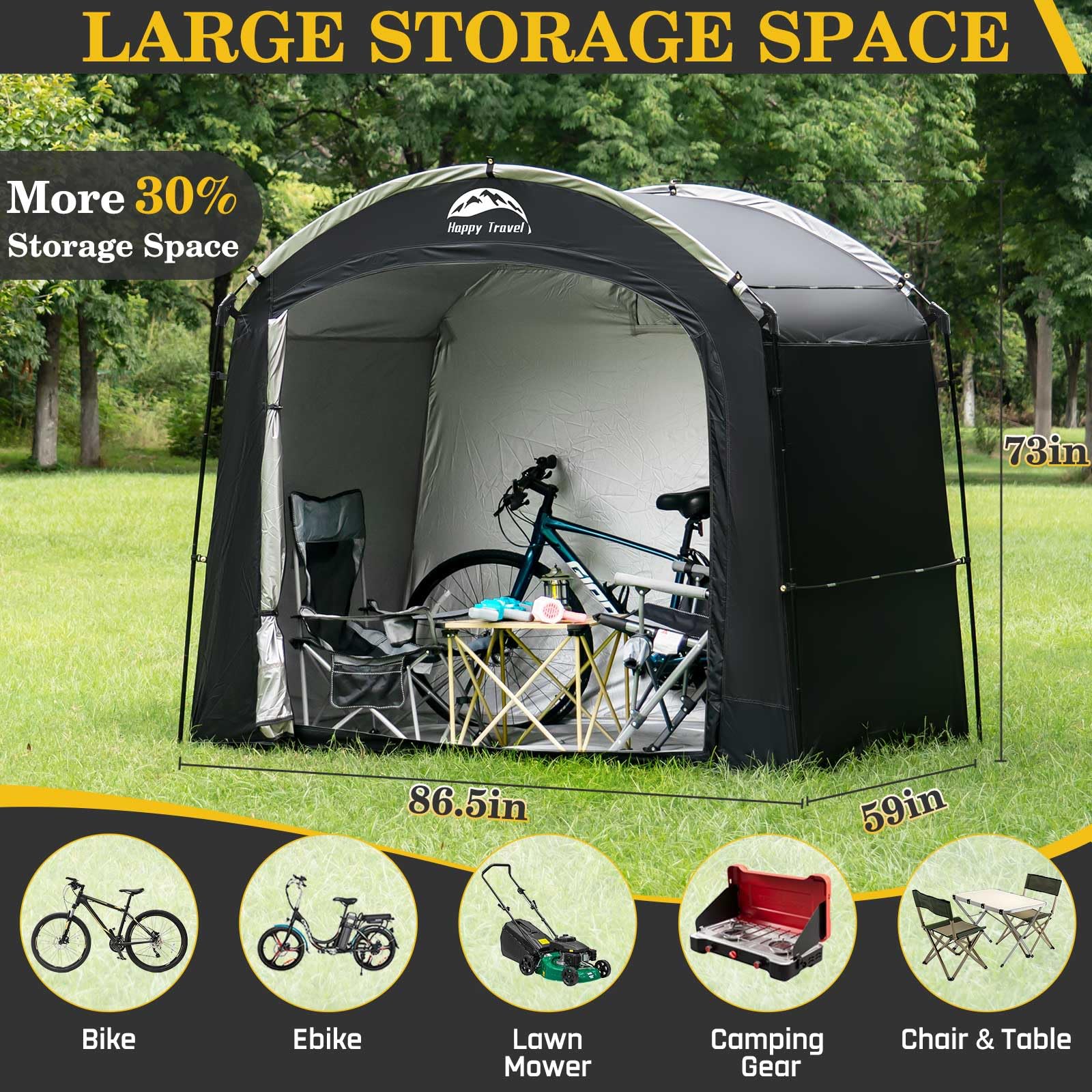 Interior view of Happy Travel bike shed tent fully open for use.