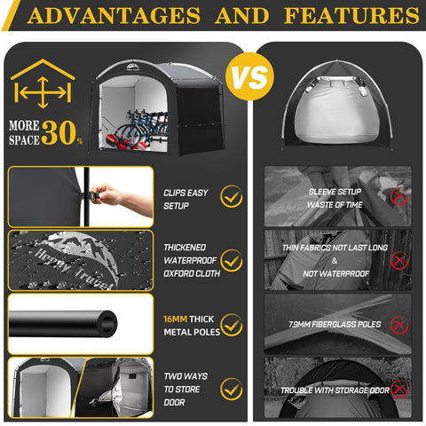 Large-capacity Happy Travel bike shed tent holding multiple bikes and gear.