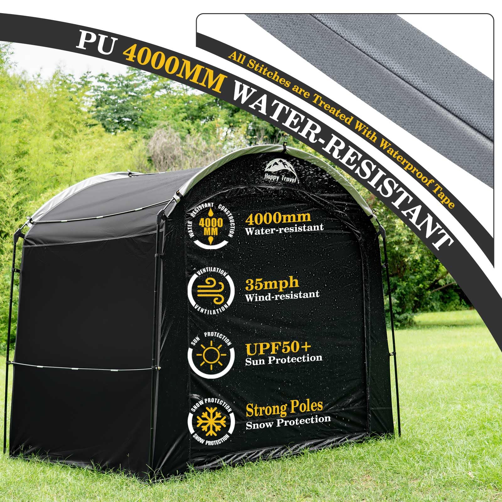 Motorcycle and gear storage demonstrated by Happy Travel bike shed tent.